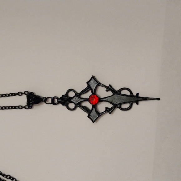 2XHP!! NWT Goth Black Witch's Cross with Red Stone Necklace!! - Picture 3 of 6
